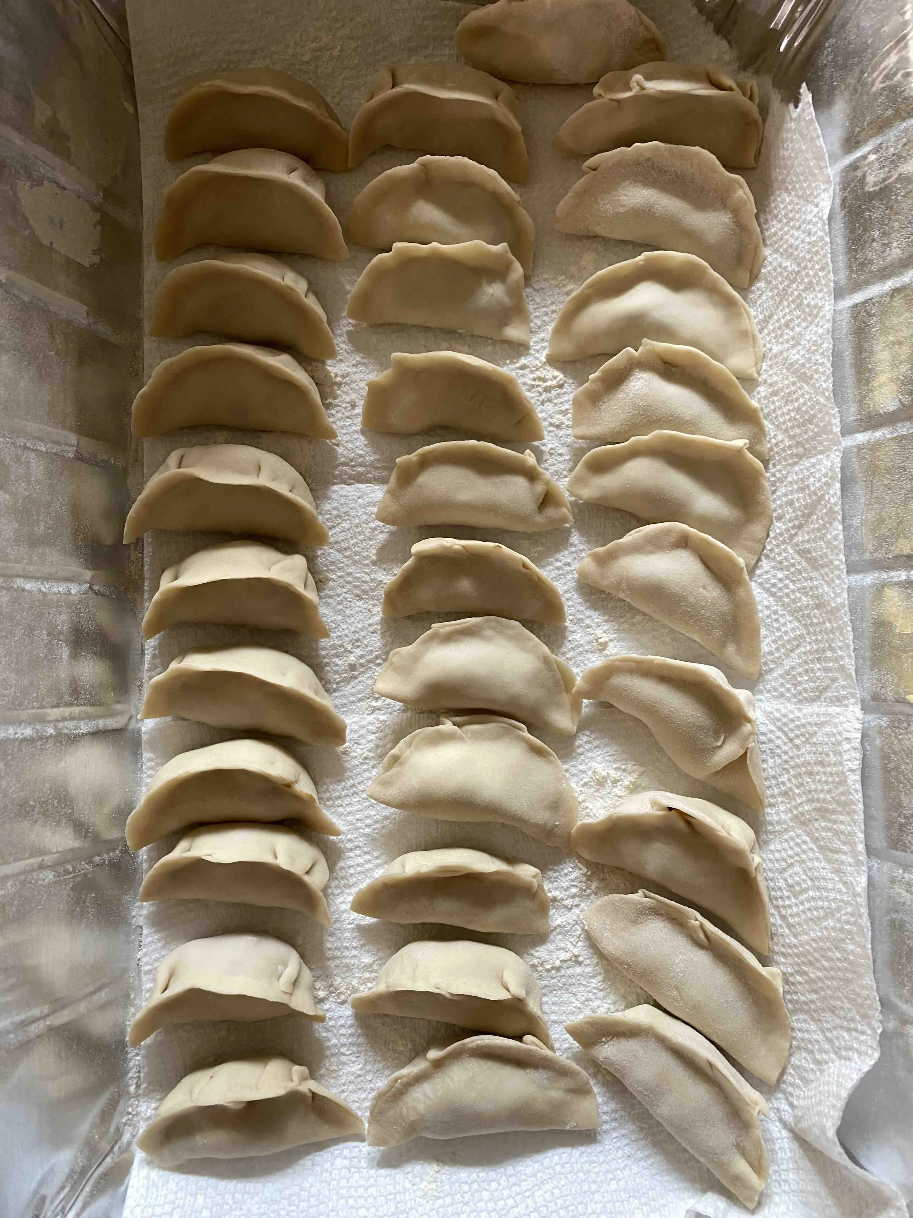 Filled dumplings folded and sealed before cooking.